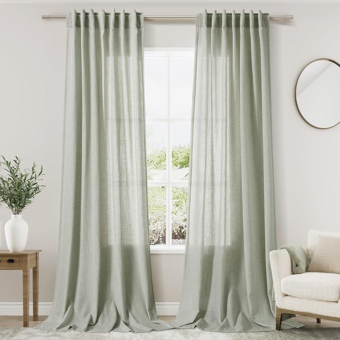 Nanspring Sage Green Curtains 132 Inches Long 2 Panels for Living Room Back Tab Rod Pocket Semi Sheer Linen Drapes Neutral Sage Room Decor Green Curtain Ceiling to Floor Length for Dining Room 52x132