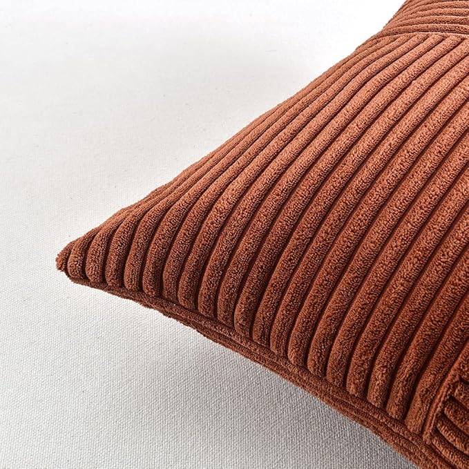 Fancy Homi 2 Packs Rust Euro Decorative Throw Pillow Covers 26x26 Inch for Bedroom Bed, Farmhouse Boho Home Decor, Soft Corss Corduroy Patchwork Textured Square Terracotta Cushion Case 66x66 cm