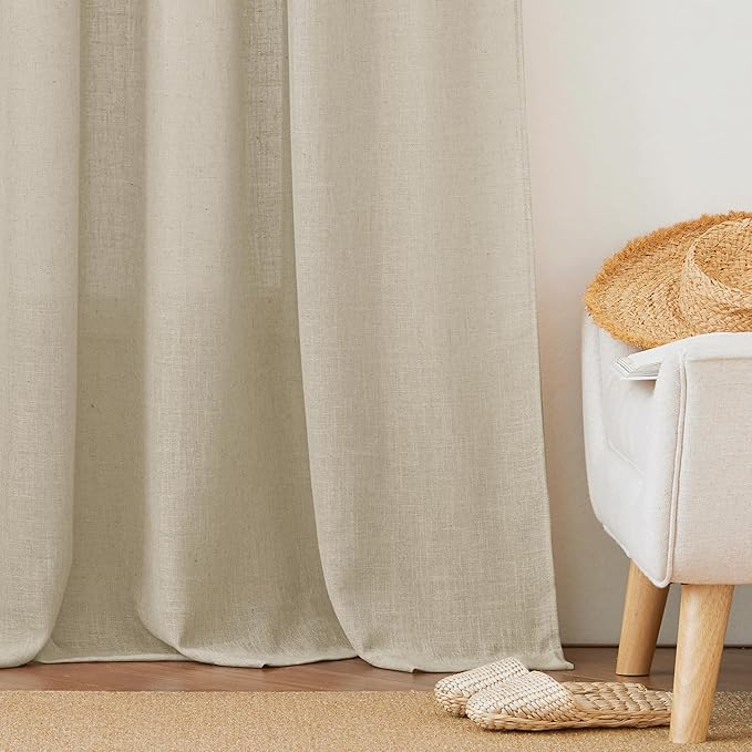 RYB HOME Linen Sheer Curtains for Bedroom Privacy Textured Sheer Window Curtains for Living Room Bathroom Dining, Beige, Wide 52 x Long 90, 2 Panels