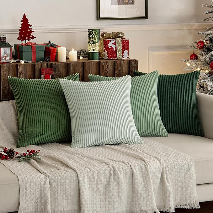 MIULEE Boho Farmhouse Sage Green Throw Pillow Covers 16x16 Inch Set of 4 Mordern Nordic Cushion Covers Soft Corduroy Spring Home Decor for Couch Bed Sofa Living Room Forest Green