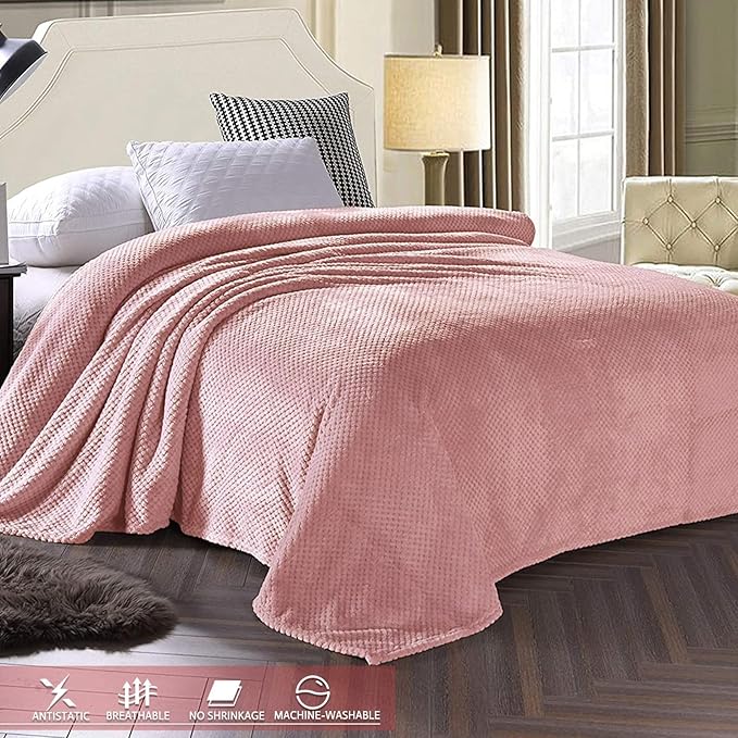 Exclusivo Mezcla Fleece Bed Blanket Twin Size, Super Soft and Warm Blankets for Couch, Sofa and Bed Waffle Textured, Cozy, Fuzzy and Lightweight (Dusty Pink, 60x80 inches)