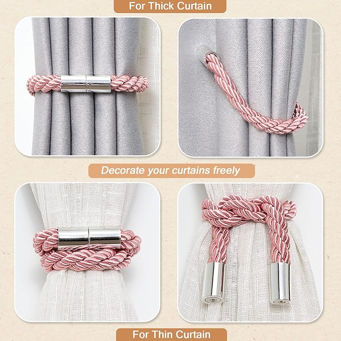 NICEEC 2 Pack Strong Magnetic Curtain Tiebacks Modern Simple Style Drape Tie Backs Convenient Decorative Weave Rope Curtain Holdbacks for Thin or Thick Home & Office Window Draperies (Pink)