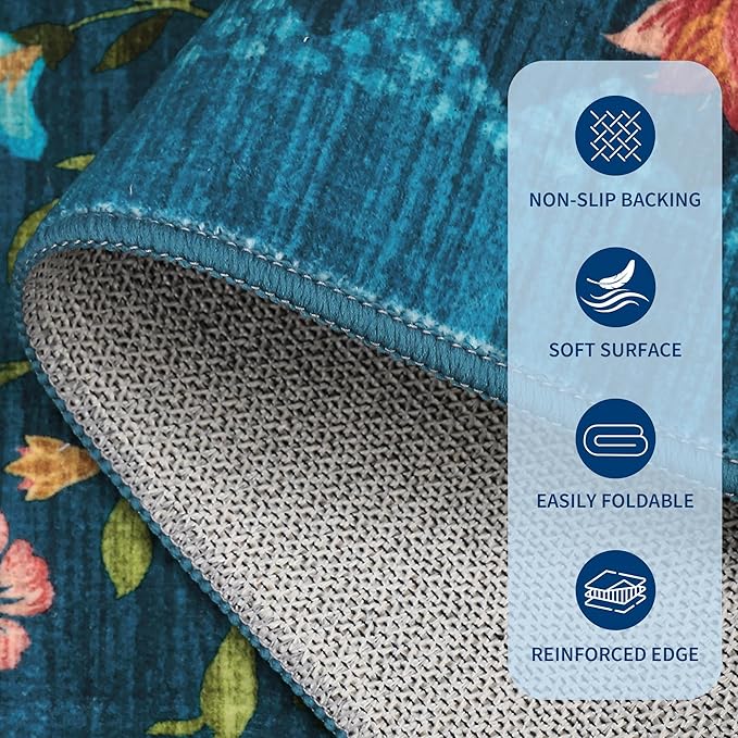 GarveeHome Floral Rug 2.5x8 Runners for Hallways, Boho Kitchen Runner Rugs Non Slip Bath Runners, Vintage Washable Runner Rug for Bedroom, Soft Long Rugs for Entryway Bathroom Laundry Dorm, Blue