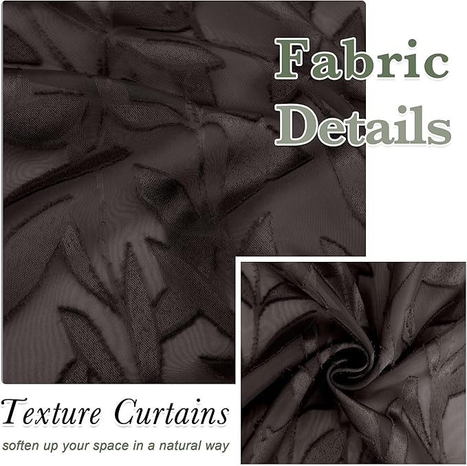 Lecloud Leia Chocolate Brown Sheer Curtains 84 Inches Long 2 Panels, Jacquard Leaves Texture Double Rod Pockets Semi Sheer Window Curtains, Airy Gauzy Drapes for Bedroom, 38 x 84 Inch