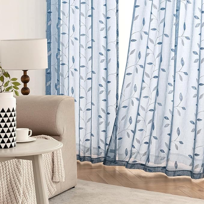 MIULEE Stone Blue Sheer Curtains 2 Panels Embroidered Leaf Patterned Rod Pocket Floral Semi Sheer Faux Linen Window Curtains Drapes Set for Living Room Bedroom Dining Room, 52x63 Inches Long