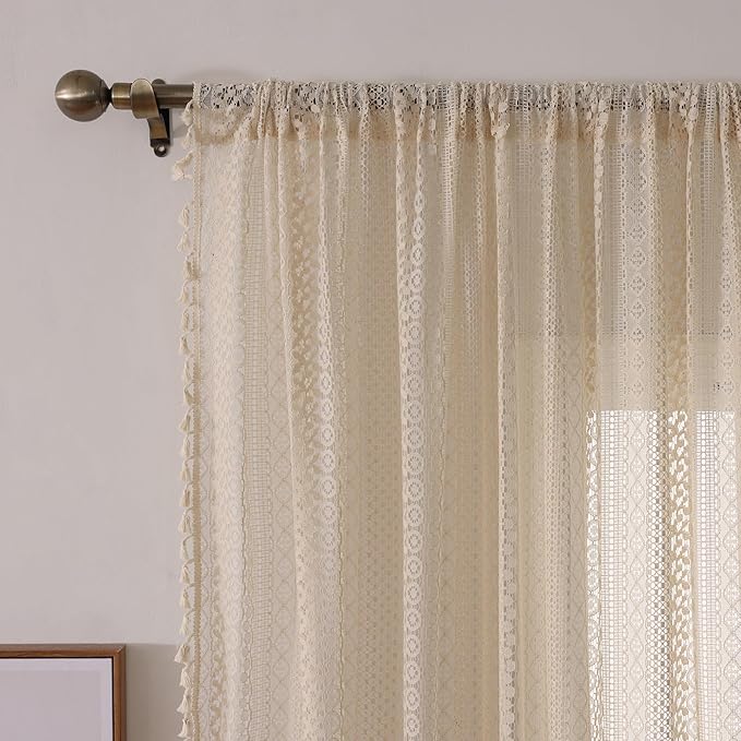WAZZIO Boho Lace Curtains 96 Inches 2 Panel,Light Filtering Privacy Tassel & Geometry Crochet Semi Sheer Curtain Drapes for Bedroom Living Dining Room,Rod Pocket & Tassel,Vintage Farmhouse Decor,Beige