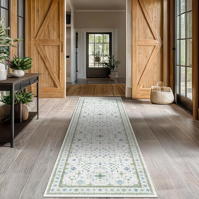 Hazo Haus Oushak 3x10 Wide Hallway Runner Rug - Vintage Turkish Floral, Washable Low Pile Non Slip 10ft Long Runners for Kitchen, Hall Way - Light Blue and Green