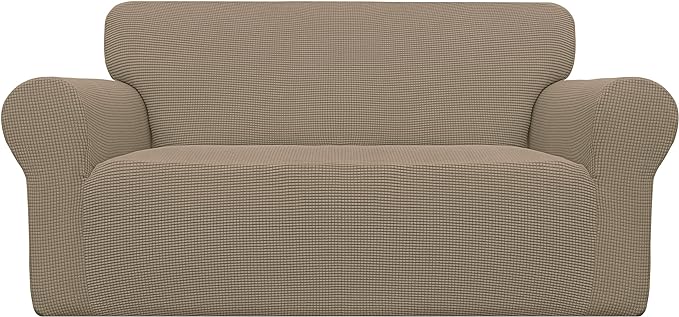 Easy-Going Stretch Loveseat Slipcover 1-Piece Sofa Cover Furniture Protector Couch Soft with Elastic Bottom for Kids Polyester Spandex Jacquard Fabric Small Checks (Loveseat, Natural)