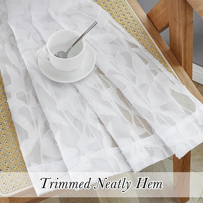Lecloud Leia White Sheer Curtains 96 Inches Long 2 Panels, Airy Voile Jacquard Leaf Textured Curtains, Light Filtering Farmhouse Dual Rod Pocket Curtain Drapes for Bedroom Living Room, 52" W x 96" L