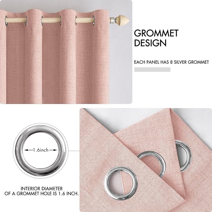 MIULEE Linen Curtains 100% Blackout for Bedroom Thermal Insulated Blush Pink Grommet Room Darkening Curtains & Drapes for Living Room Nursery 52 x 72 Inch (2 Panels)