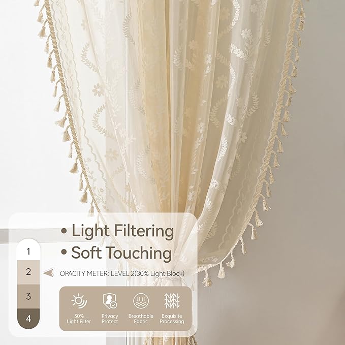 WAZZIO Boho Lace Curtains 2 Panels 45 Inches -Cute Vintage Victorian Sheer Panel Drape French Country Floral Pattern & Tassel Light Filtering Privacy for Bedroom Dining Living Room,Beige,W52x L45