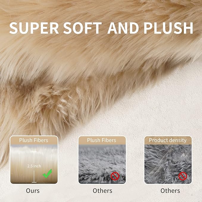 Tangsoo Round Faux Fur Rugs, Sheepskin Round Rugs 3ft, Soft Small Circle Rug, 3x3 Beige Fuzzy Plush Fur Rug, Shag Circular Rugs Floor Carpet for Bedroom, Kids Room, Nursery, Girls Room, Dorm