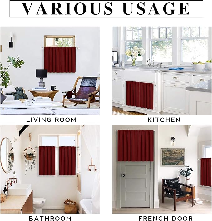 RYB HOME Short Blackout Curtains for Bedroom, Room Darkening Insulated Summer Heat Light UV Blocking Energy Saving Drapes for Nursery, Width 34 by Length 45, Burgundy Red, Set of 2