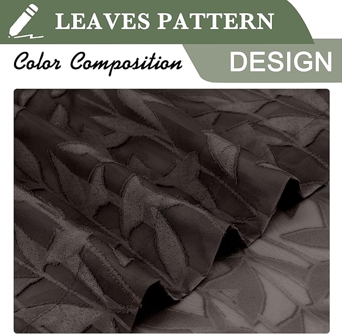 Lecloud Leia Jacquard Textured Chocolate Brown Semi Sheer Curtain 45 Inch Length, Balance Light & Privacy Clip Leaf Voile Curtain for Living Room, Dual Rod Pockets Bedroom Short Drape, 38x45 Inches