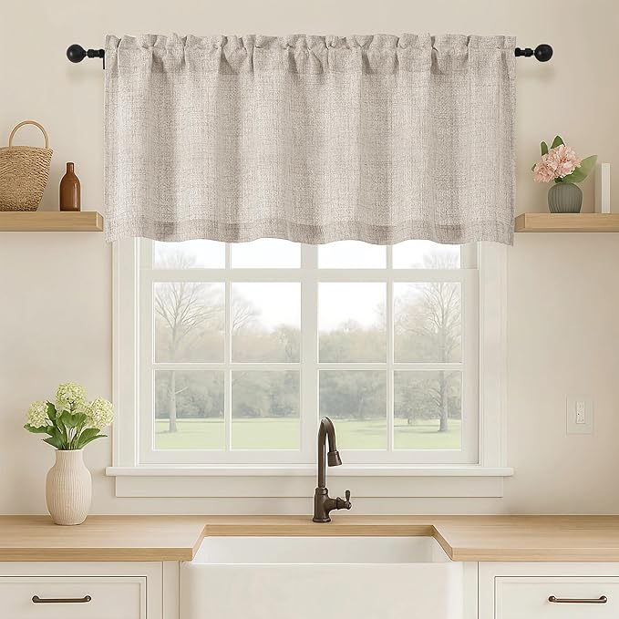 OVZME Valance for Windows, Light Filtering Faux Linen Textured Small Kitchen Valances for Windows, Dual Rod Pocket Farmhouse Short Curtain for Bathroom Basement, 60Wx20L inch, 1 Piece, Linen Color