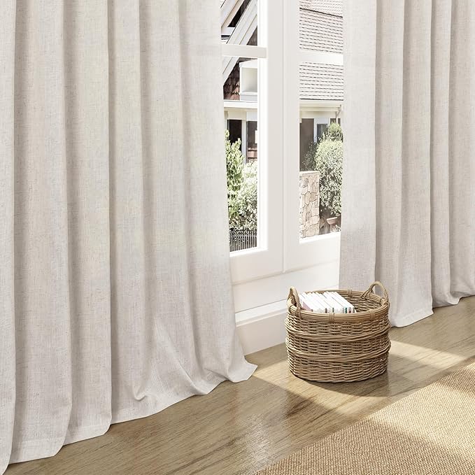 Nanspring Pearl White Linen Curtains 120 Inches Long for Living Room Light Filtering Semi Sheer Curtain Back Tab Coastal Decor Long Floor to Ceiling High Window for Bedroom Office 52x120, 2 Panels