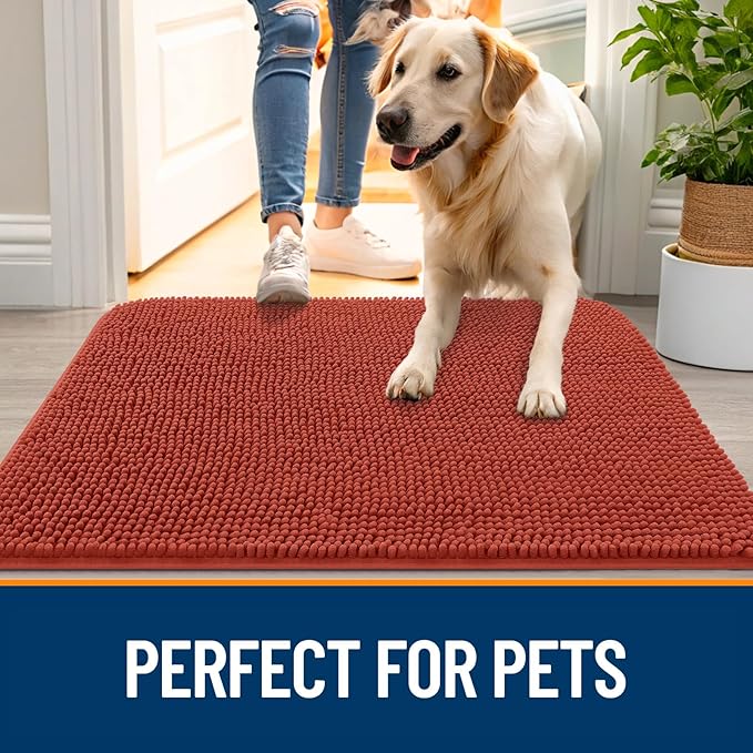 OLANLY Dog Door Mat for Muddy Paws 70x35, Absorbs Moisture and Dirt, Absorbent Non-Slip Washable Doormat, Quick Dry Chenille Mud Mat for Dogs, Entry Indoor Entryway Carpet for Inside Floor, Maple Red