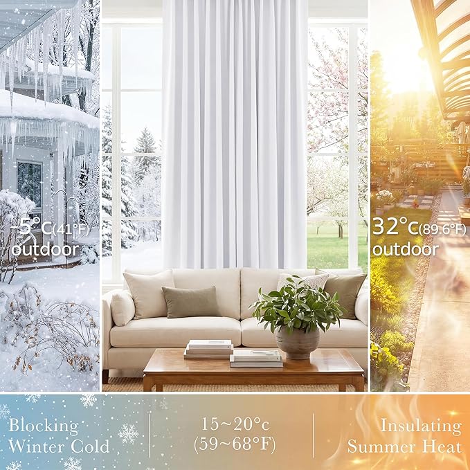 PONY DANCE Living Room Curtains - 42 W x 90 L, Pure White Long Blackout Panels Set Window Treatments Thermal Insulated Light Blocking Back Tab/Rod Pocket Curtain Drapes, Double Pieces