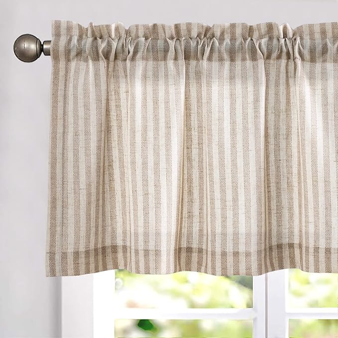 jinchan Valance Curtain Linen Textured Striped Window Curtain for Living Room Light Filtering Farmhouse Valance for Kitchen Rod Pocket 1 Panel 16 Inch Tan on Linen 1 Panel
