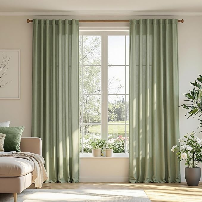 MYSKY HOME Sage Green Curtains for Beroom Liivng Room 84 Inch Length 2 Panels Set, Semi Sheer Soft Touch Light Filtering Drapes for Sliding Glass Door Farmhouse Boho Curtain, 50" Wide, 2 PCs