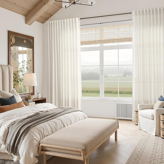 Nanspring Natural Linen Curtains 63 Inch Length for Living Room Country Light Filtering Semi Sheer Curtains Farmhouse Decor Curtain for Bedroom Dinner Room Back Tab and Rod Pocket 52x63, 2 Panels