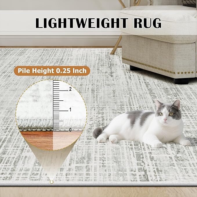 10x12 Area Rugs Washable Rug: Anti-Skid Abstract Modern Living Room Rug Soft Thin Carpets Indoor Floor Non-Shedding Carpet for Bedroom Dining Farmhouse Nursery Home Office (White Gray, 10'x12')