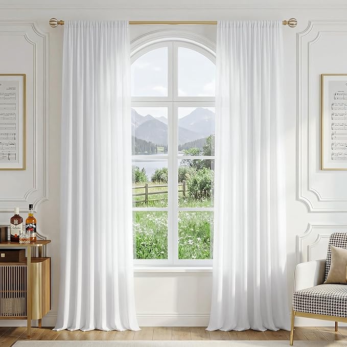 FMFUNCTEX Sheer Non-See-Through White Curtains for Bedroom, Faux Silk that Let Light Curtains 63 inches Long Light Filtering Privacy Sheer Window Drapes for Living Room, Rod Pocket 2 Panels Set