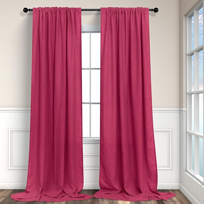 Pitalk Christmas Red Hot Pink Curtains for Bedroom 84 Inch Length 2 Panels Back Tab Pocket Semi Sheer Linen Rainbow Colored Girls Curtain for Kids Room Living Xmas Raspberry Fuchsia Magenta 52x84 Long