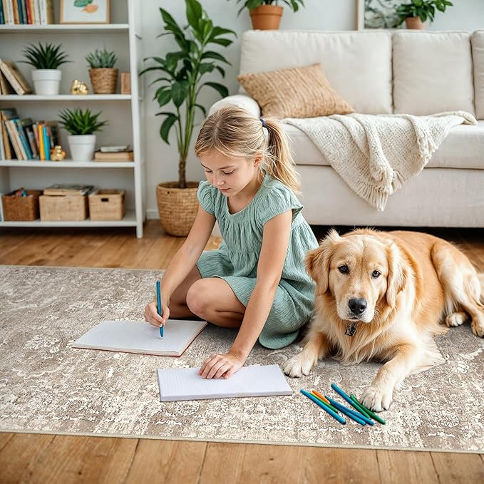 4x12 Washable Hallway Runner Rug - Wide Kitchen Runners Vintage Low Pile Carpet Soft Thin Floor Runner with Rubber Backing for Entryway Bedroom Living Room Home Decor (Beige)