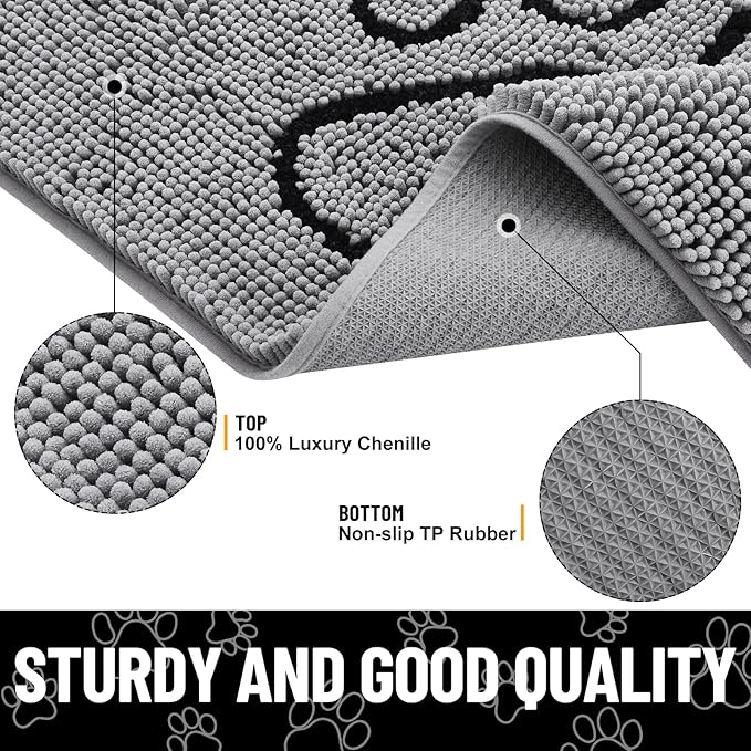Smiry Dog Door Mat for Muddy Paws, Absorbent Dirt Trapper Non Slip Quick Dry Washable Chenille Mat for Mud Dogs, Entry Rug for Indoor and Outdoor (59x24 Inches, Grey and Black)