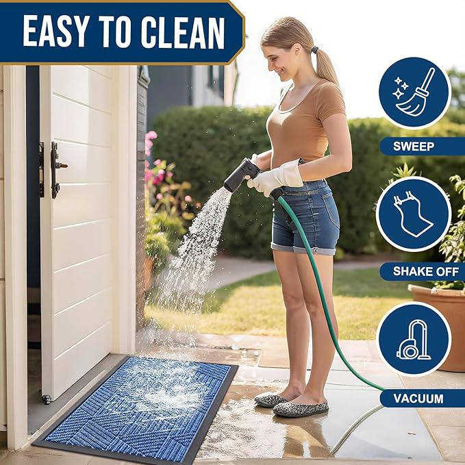 Smiry Front Door Mat Outside Entrance, Heavy Duty Sturdy Natural Rubber Doormat, Trap Dirt and Moisture, Easy Clean Low Profile Mats for Indoor Outdoor Entry, Irregular Triangle (29.5x17, Blue)