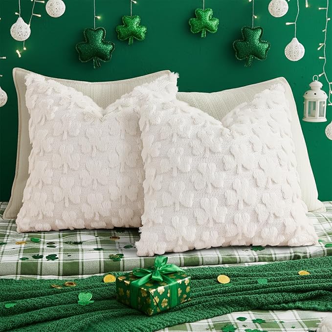 decorUhome St. Patrick’s Day Shamrock Pillow Covers 20x20 Inch Set of 2, Soft Plush Faux Wool Cream White Throw Pillow Covers, Farmhouse Spring Holiday Decor for Sofa Living Room