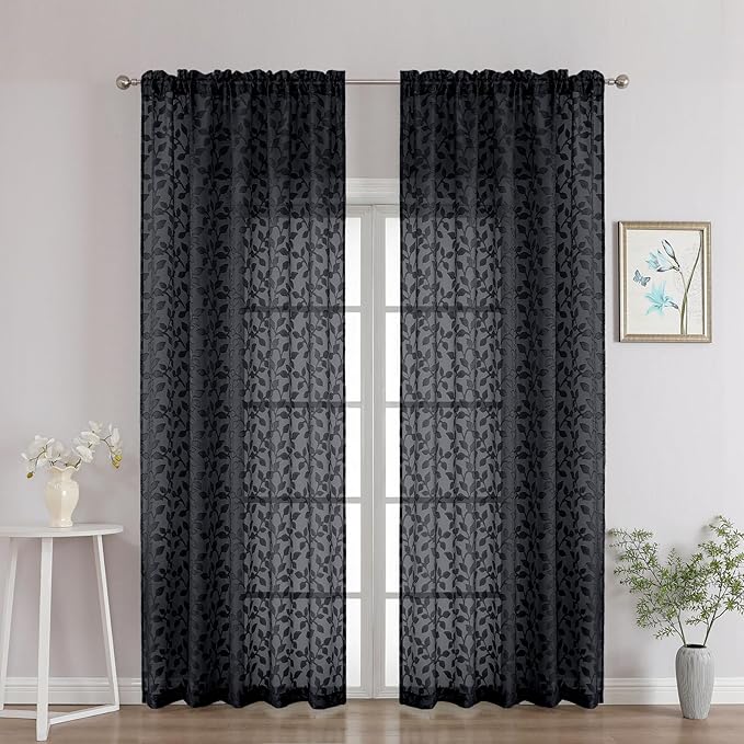 Chyhomenyc Black Sheer Curtains 90 Inch Length 2 Panels Set, Light Filtering Tufted Textured Soft Airy Rod Pocket Gentle Leaf Window Treatment Drapes for Bedroom Living Room, 52" Wx90 L, 2PCS