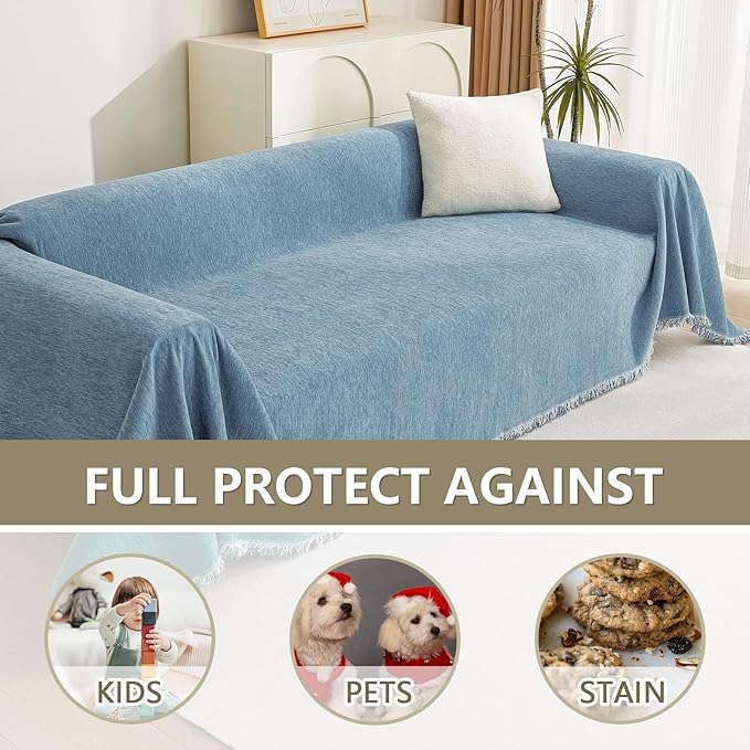 MYSKY HOME Couch Cover Sofa Covers, Sectional Couch Covers for 3 Cushion Couch Sofa, Chenille Sofa Slipcovers, Futon Covers, Machine Washable, Soft Furniture Protector for Kid, 91" x 134", Blue