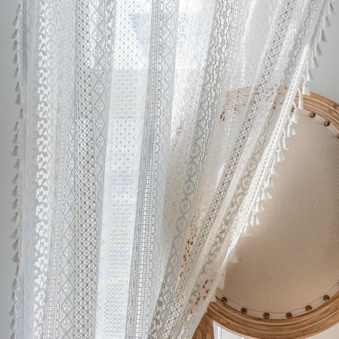 WAZZIO Boho Lace Curtains 45 Inches 2 Panel,Light Filtering Privacy Tassel & Geometry Crochet Semi Sheer Curtain Drapes for Bedroom Living Dining Room,Rod Pocket & Tassel,Victorian Decor,Off White
