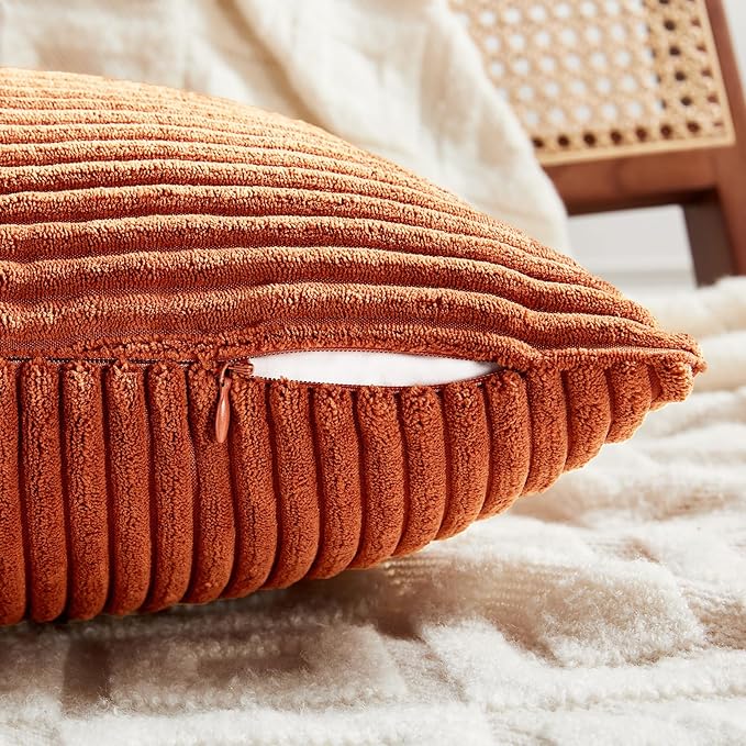 Fancy Homi Set of 2 Burnt Orange Decorative Throw Pillow Covers 24x24 Inch for Living Room Couch Bed, Boho Farmhouse Fall Home Decor, Soft Corss Corduroy Patchwork Textured Cushion Case 60x60 cm