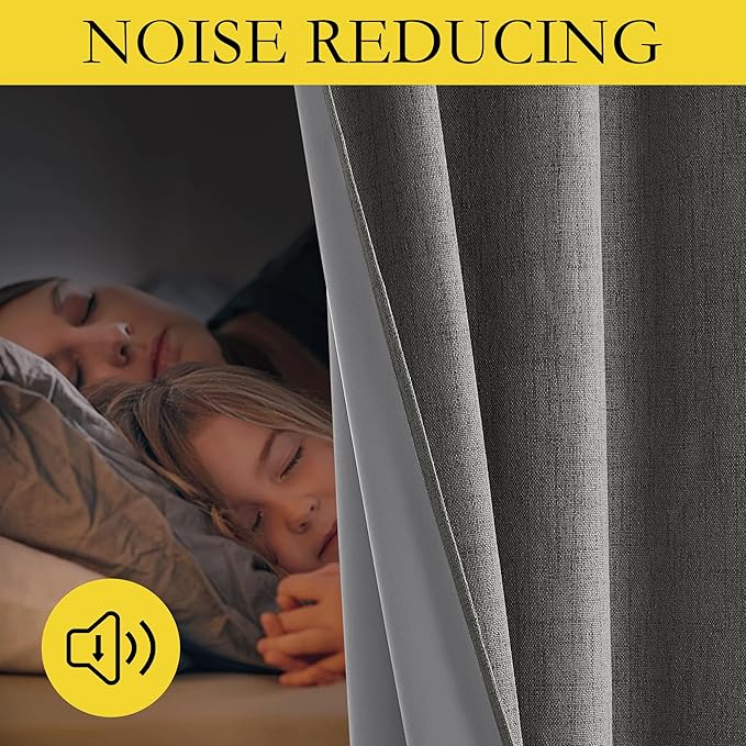 NICETOWN Grizzle Gray Vintage Linen 100% Blackout Curtains for Living Room, Thermal Insulated Curtains 95“ Long, Noise Reducing Window Treatment Drapes for Home Office, 62" Wide Per Panel, Set of 2