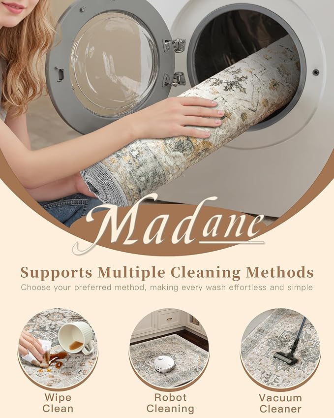 Madane Washable Area Rug 2x3, Small Entryway Rug Non-Slip Vintage Door Mat Indoor Entrance, Low Pile Floor Carpet for Inside Front Door Bedroom Kitchen Entry Laundry (2'x3', Light Taupe Brown)