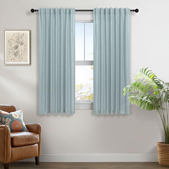 Teal Curtains 54 Inch Length for Master Bedroom 2 Panels Back Tab Pocket Blue Green Linen Semi Sheer Mist Seafoam Curtains for Living Room Summer Cabin Coastal Beach Decor Dusty Aqua Sea Green 52x54