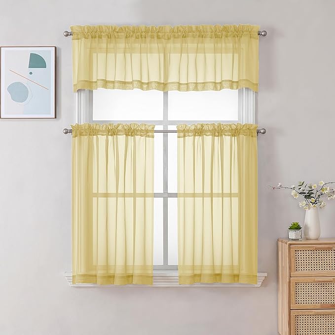 Chyhomenyc Mustard Yellow Sheer Valances for Windows - Light Filtering Small Kitchen Curtains, Short Top Window Treatment Decor for Living Room Bathroom Basement, 42Wx16L inches, 2 Panels