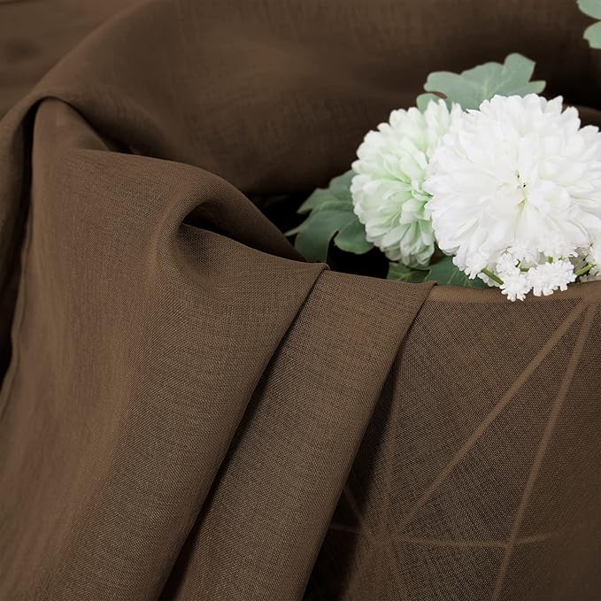 Tollpiz Short Sheer Curtain Linen Textured Bedroom Curtains Sheer Light Filtering Rod Pocket Voile Curtain for Living Room, 54 x 54 inches Long, Brown, Set of 2 Panels