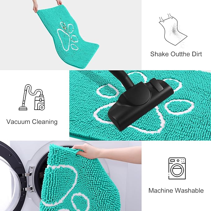 Smiry Dog Door Mat for Muddy Paws, Absorbent Dirt Trapper Non Slip Quick Dry Washable Chenille Mat for Mud Dogs, Entry Rug for Indoor and Outdoor (59x35 Inches, Turquoise and White)