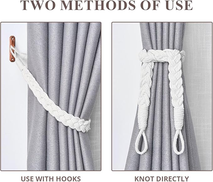 NICEEC 4 Pack Natural Cotton Rope Curtain Tiebacks Elegant Boho Style Decorative Drape Tie Backs Soft Hand-Woven Rope Curtain Holdbacks with Metal Hook for Home & Office Drapery (White)