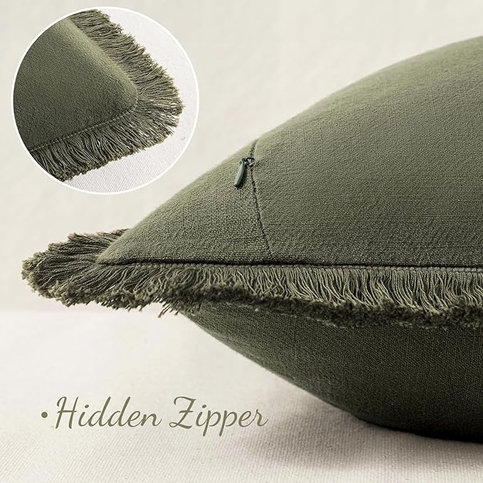 MIULEE Decorative Throw Pillow Covers Neutral Linen Fringe Throw Pillows Set of 2 Olive Green Boho Farmhouse Cushion Covers with Tassels for Couch Sofa Bed Living Room Spring Home Decor 18x18 Inch