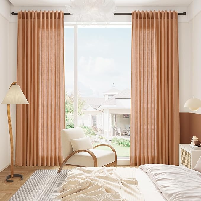 Nanspring Peach Quartz Curtains 84 Inch Long 2 Panels Set Back Tab Rod Pocket Linen Blend Light Filtering Semi Sheer Boho Style Curtain Textured Curtain for Cozy Bedroom and Living Room Decor 52x84