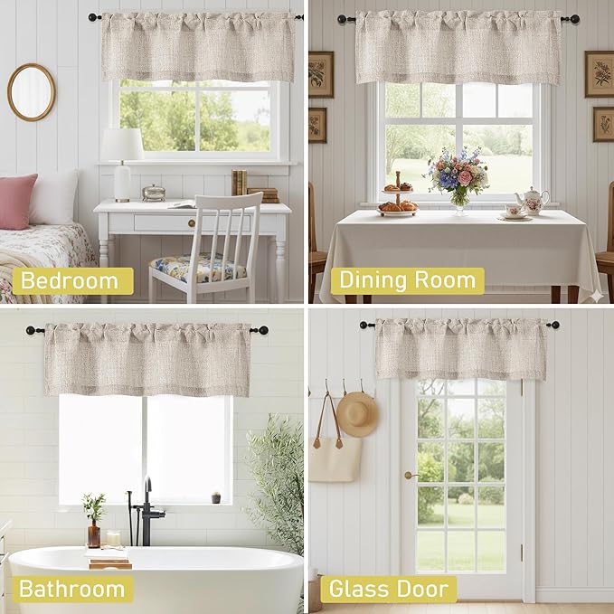Valances for Windows, Light Filtering Faux Linen Textured Small Short Window Curtain for Bathroom Basement Farmhouse, Rod Pocket Top Half Curtains for Windows, Linen 52Wx18L Inch