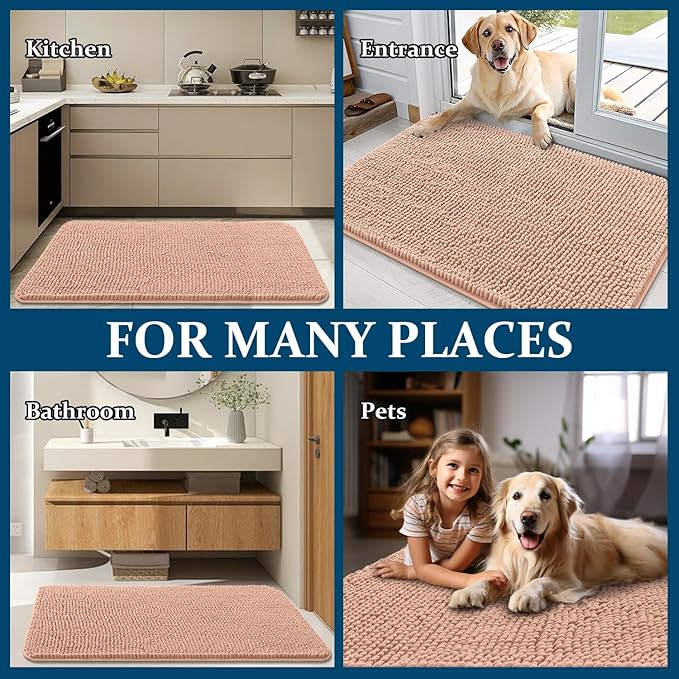 OLANLY Dog Door Mat for Muddy Paws 54x24, Absorbs Moisture and Dirt, Absorbent Non-Slip Washable Doormat, Quick Dry Chenille Mud Mat for Dogs, Entry Indoor Entryway Carpet for Inside Floor, Peach