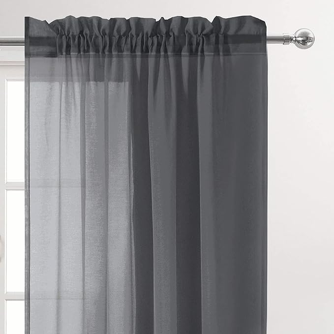 DWCN Dark Grey Sheer Curtains Semi Transparent Voile Rod Pocket Curtains for Bedroom and Living Room, 42 x 54 inches Long, Set of 2 Panels