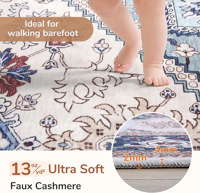 OPPODREAM Soft 8x10 Area Rugs, Washable Rugs 8x10 with Non Slip Backing, Faux Cashmere Low-Pile 8 x 10 Carpet, Navy Blue & Red & Cream