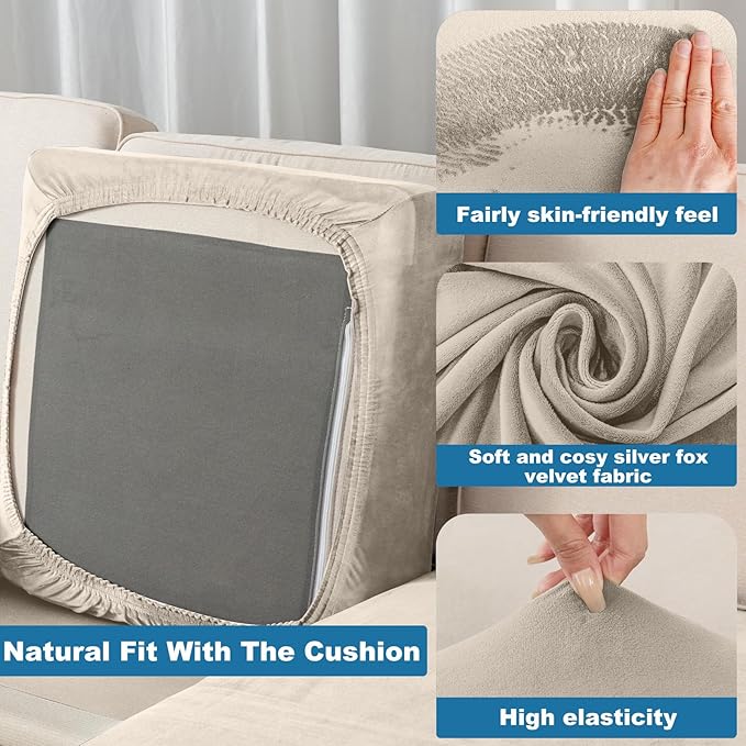 Couch Cover 6-Piece Elastic Velvet Couch Cushion Covers & Chaise Slipcovers for L-Shaped Sofas - Sofa Seat Covers Washable, Soft Protector for Couches (5 Seater + Chaise, Taupe)